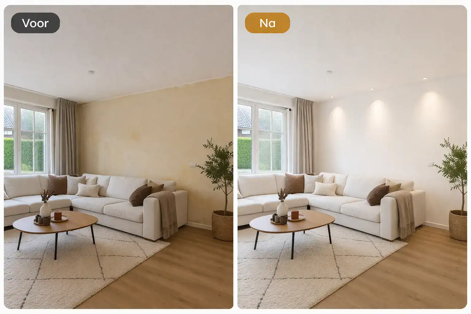 Spuitwerk muren in woonkamer voor een strakke en moderne uitstraling.