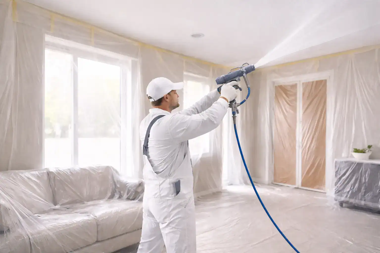 Man voert spuitwerk uit op plafond in woonkamer, professionele afwerking.