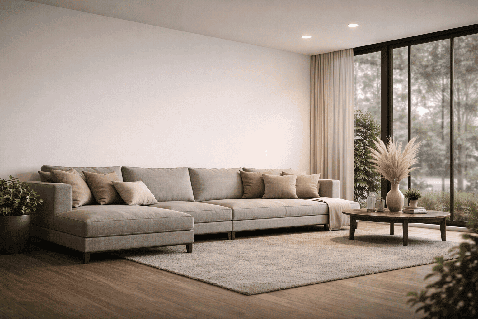 Moderne woonkamer met grote ramen, lichte kleuren en comfortabele bank.
