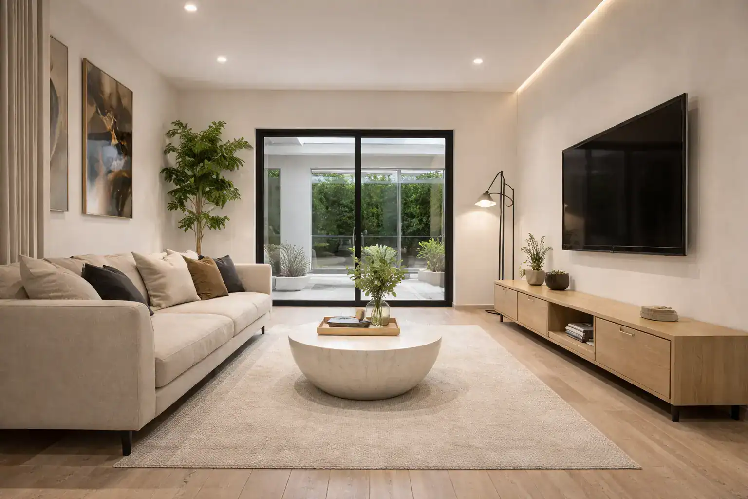 Moderne woonkamer met strak geschilderde muren en minimalistisch interieur.